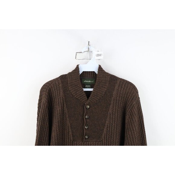 Vintage Eddie Bauer Mens Large Faded Cotton Ribbed Knit Henley Sweater Brown - Picture 2 of 12
